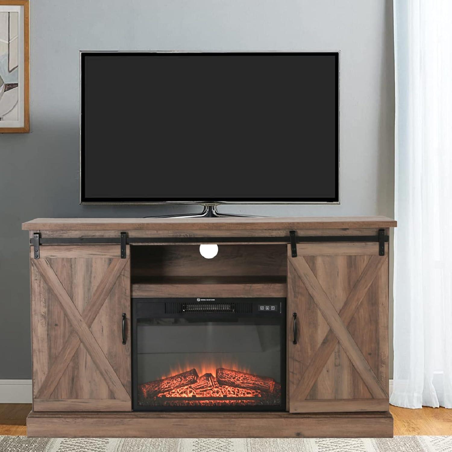 Sophia & William Farmhouse Electric Fireplace TV Stand for TV's Up to 65, Accent Decorative Barn Door Storage Cabinet Chest with 23 Insert Fireplace for Living Room Bedroom Home Office, Burlywood