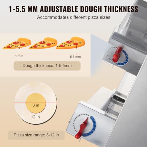 VEVOR Pizza Dough Roller Sheeter, 3-15 Inch Automatic Commercial Pizza Press, 390W Electric 260 Per Hour Dough Roller, Stainless Steel Adjustable Thickness Dough Machine, for Pasta Maker Equipment