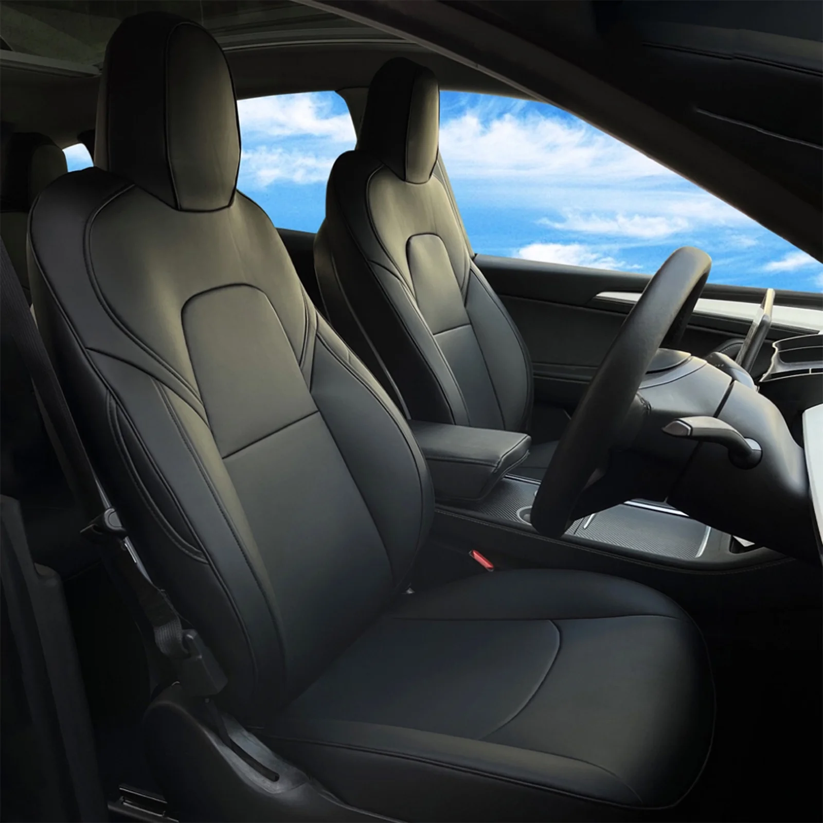 Ikon Motorsports Full Set Car Seat Covers Compatible With 2020-2023 Tesla Model Y 4-Door, Black Leather Front & Rear 5-Seat Seat Cover Cushion Protectors 11PCS