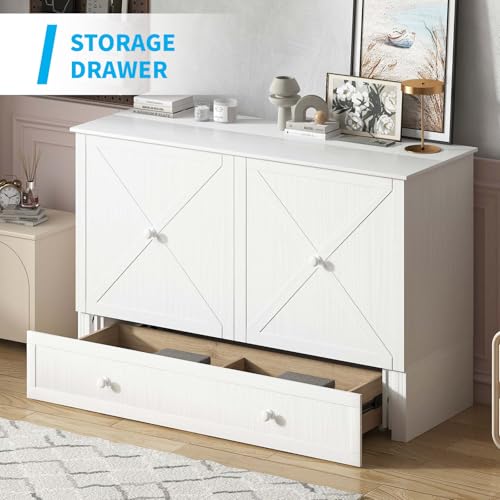Mjkone Queen Size Murphy Bed with Tri-Folding Mattress, Charging Station, Modern Cabinet Bed with Drawers, Multifunctional Design Wall Murphy Beds for Living Room, Apartment (Cherry Pattern H)