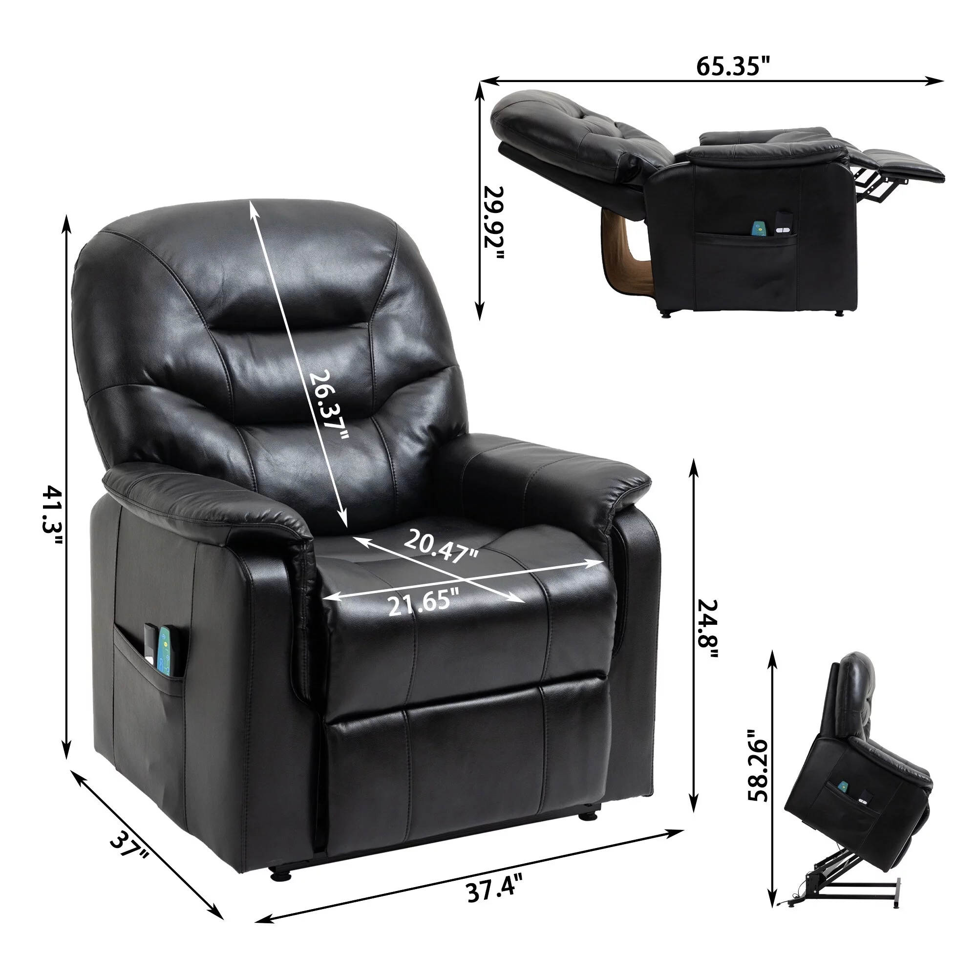 Clihome  Faux Leather Power Lift Recliner Chair with Message Black