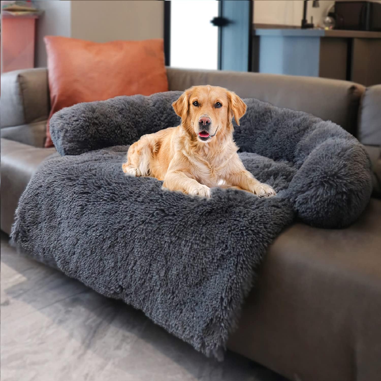 Dekeyoo Pet Couch Protector, Calming Dog Bed Plush Dog Mat Dog Sofa, Pet Furniture Cover with Soft Neck Bolster, Machine Washable Gradient Brown Medium