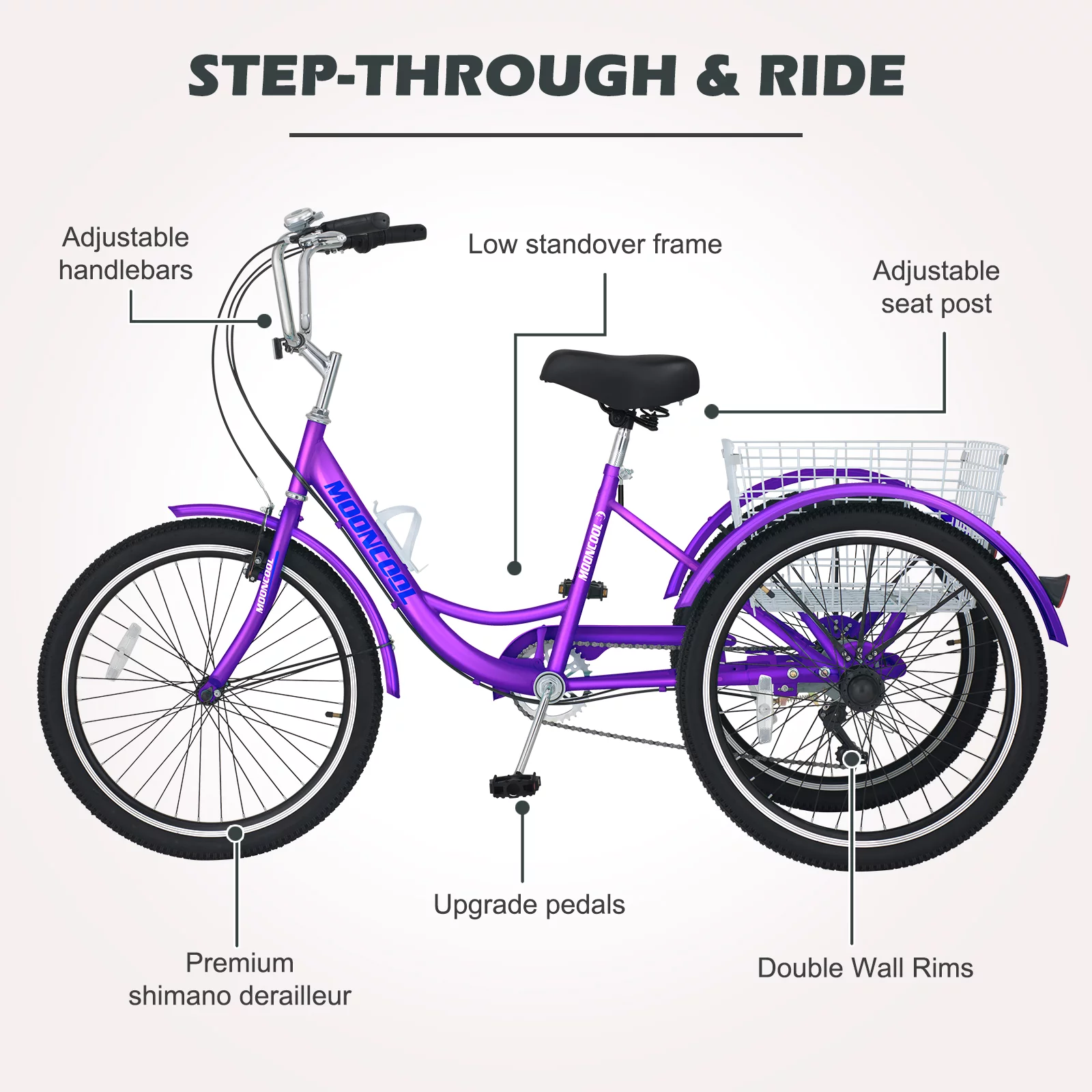 LILYPELLE 24 Adult Tricycle 7 Speed, Three Wheel Bikes for Adults 400lbs,Low-Step Through Trike Cruiser for Exercise Shopping Outdoor Activities,Cyan