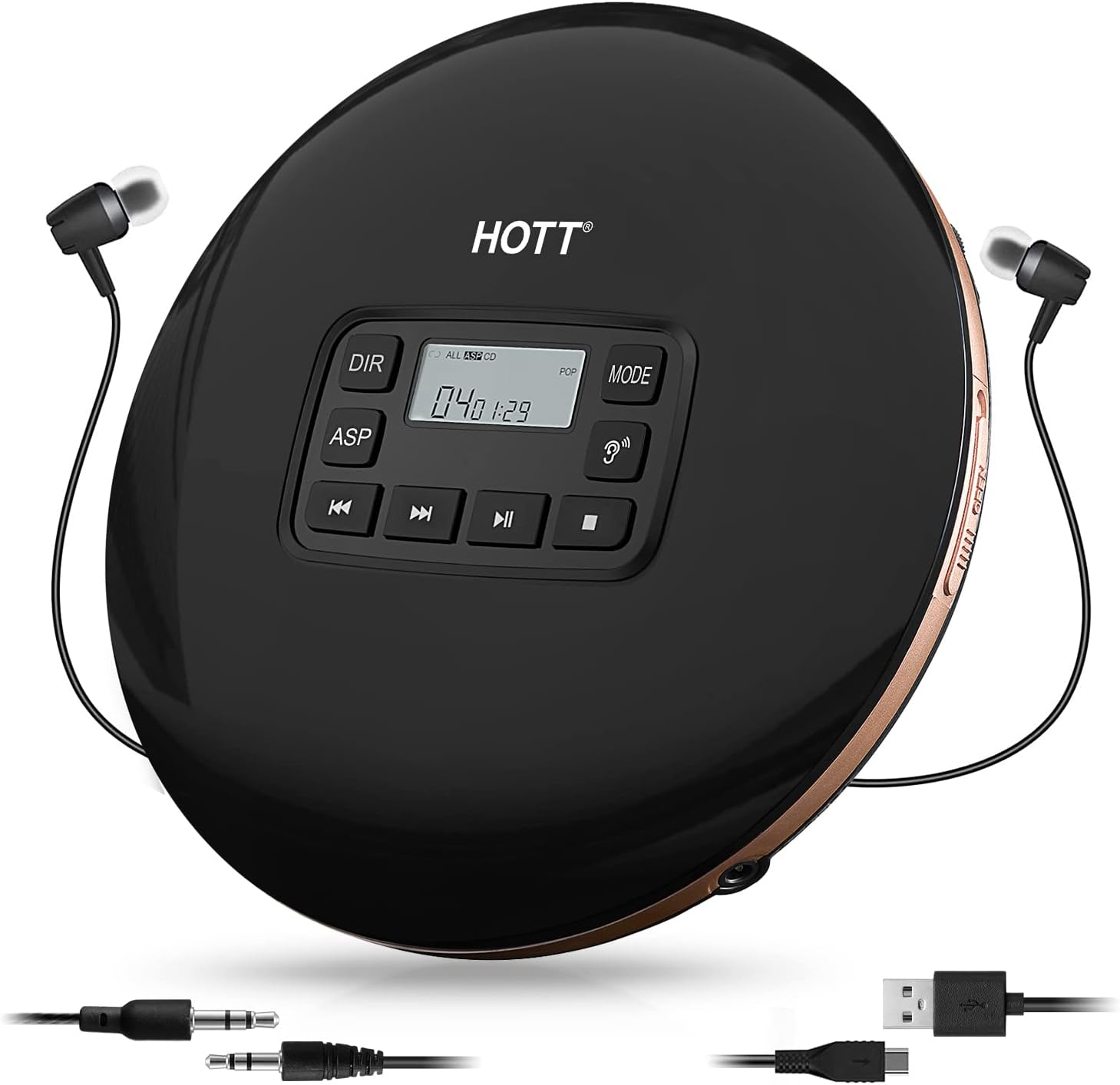HOTT CD611 CD Player Portable Anti-Shock Personal Portable CD Player with Headphones USB AUX Output for Car Travel Home - Black