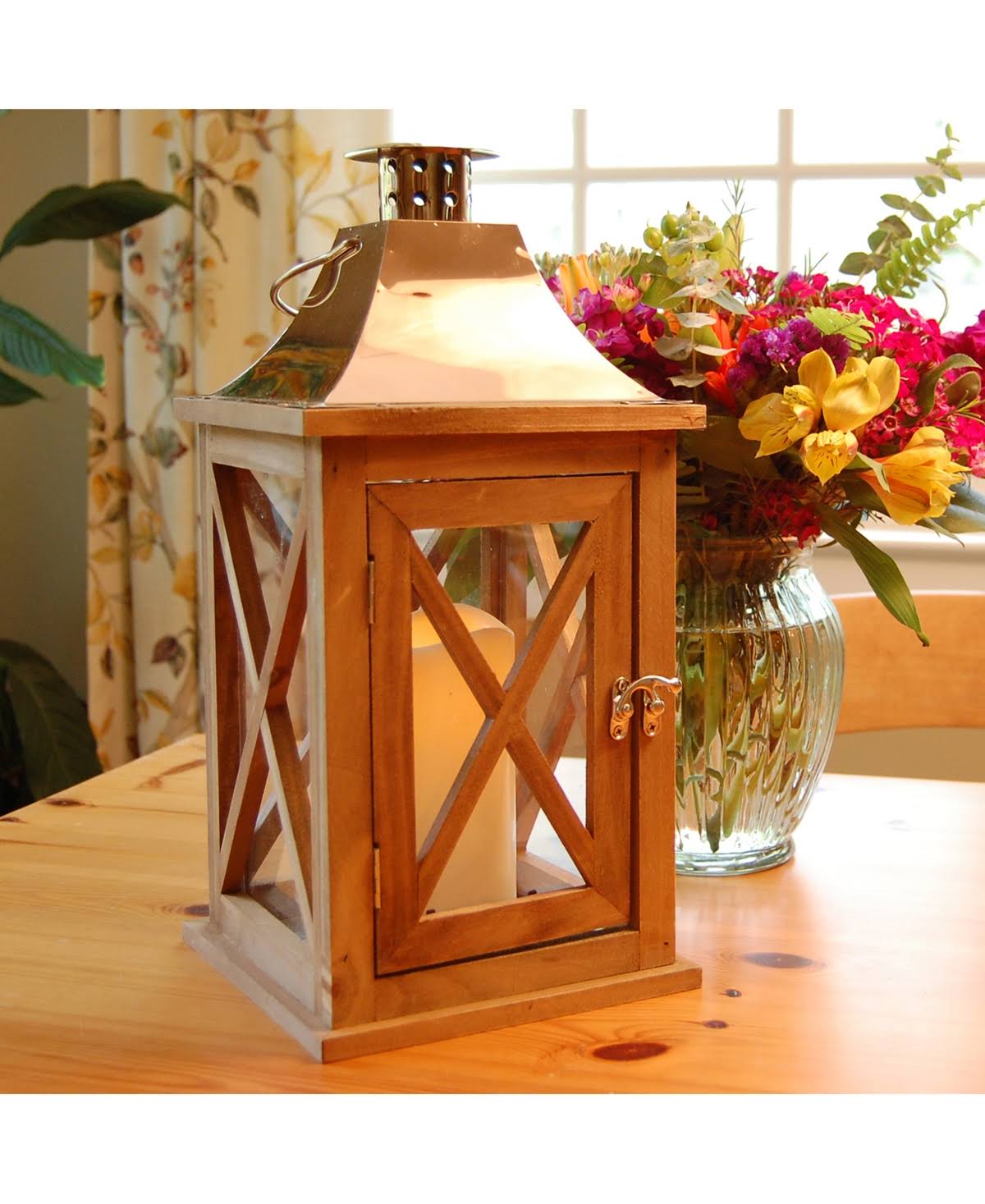 Lumabase Natural Wooden Lantern with Copper Roof and LED Candle - Brown