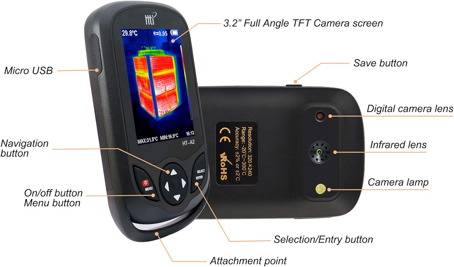 320 x 240 IR Resolution Thermal Camera, Pocket-Sized Infrared Camera with 76800 Pixels Real-Time Thermal Image, Temperature Measurement Range -4&deg;F to 572&deg;F, Mini IR Thermal Imager, Hti-Xintai