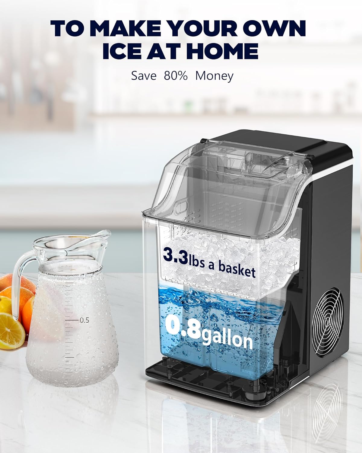Kndko Nugget Ice Maker Countertop, Crushed Ice Maker, 45lbs/Day, 24H Timer, Self Cleaning Ice Maker Nugget Ice Cubes for Home Bar Party,Stainless Steel Black