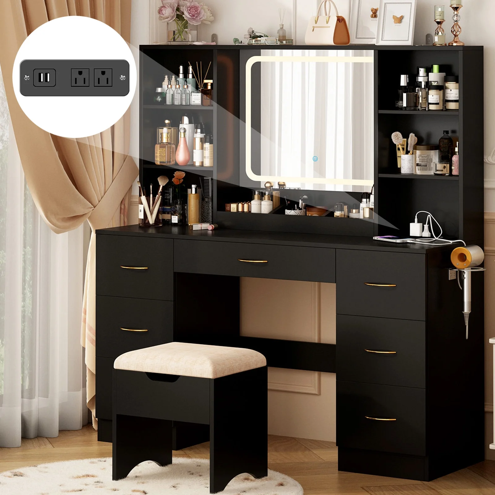 47" Large Vanity Desk with LED Lighted Mirror & Power Outlet & 7 Drawers, Makeup Vanity Table Set with Storage Stool and Hair Dryer Rack, Black