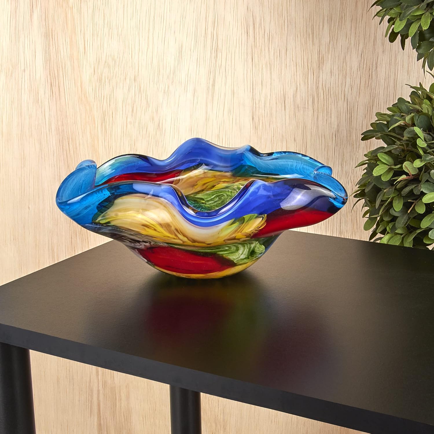 Badash Stormy Rainbow Murano-Style Art Glass Decorative Bowl - 8.5" Mouth-Blown Glass Floppy Centerpiece Bowl - Home Decor Accent
