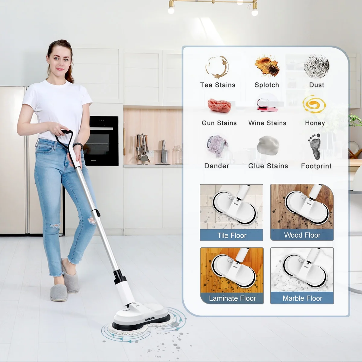 OGORI Cordless Electric Spin Mops Built-in 300ml Water Tank,Reusable Microfiber Cleaning, LED Headlight and Sprayer for Hardwood, Tile & Laminate Floors