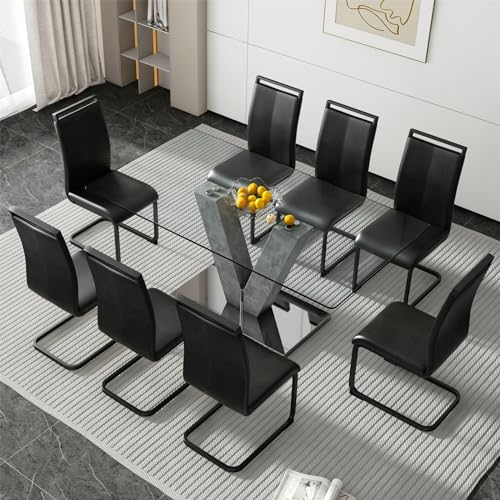 71" Glass Dining Table Set for 6 People, 7-Piece Table Set, Kitchen Table and 6 PU Leather Chairs, Dining Table Set Ideal for Living Room Office(Grey Table+White S Chairs,1 Table+6 Chairs)