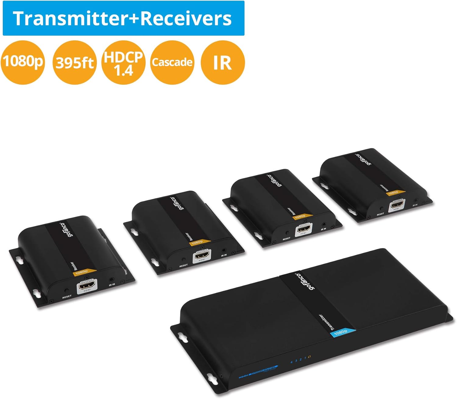 gofanco 1080p 1x4 HDMI Extender Splitter Balun – Up to 395ft (120m), Direct Connection from Transmitter to Receivers Over CAT5e / CAT6 or Over IP via Gigabit Switch, IR Extension, 4port (HDbitT4Pv2)