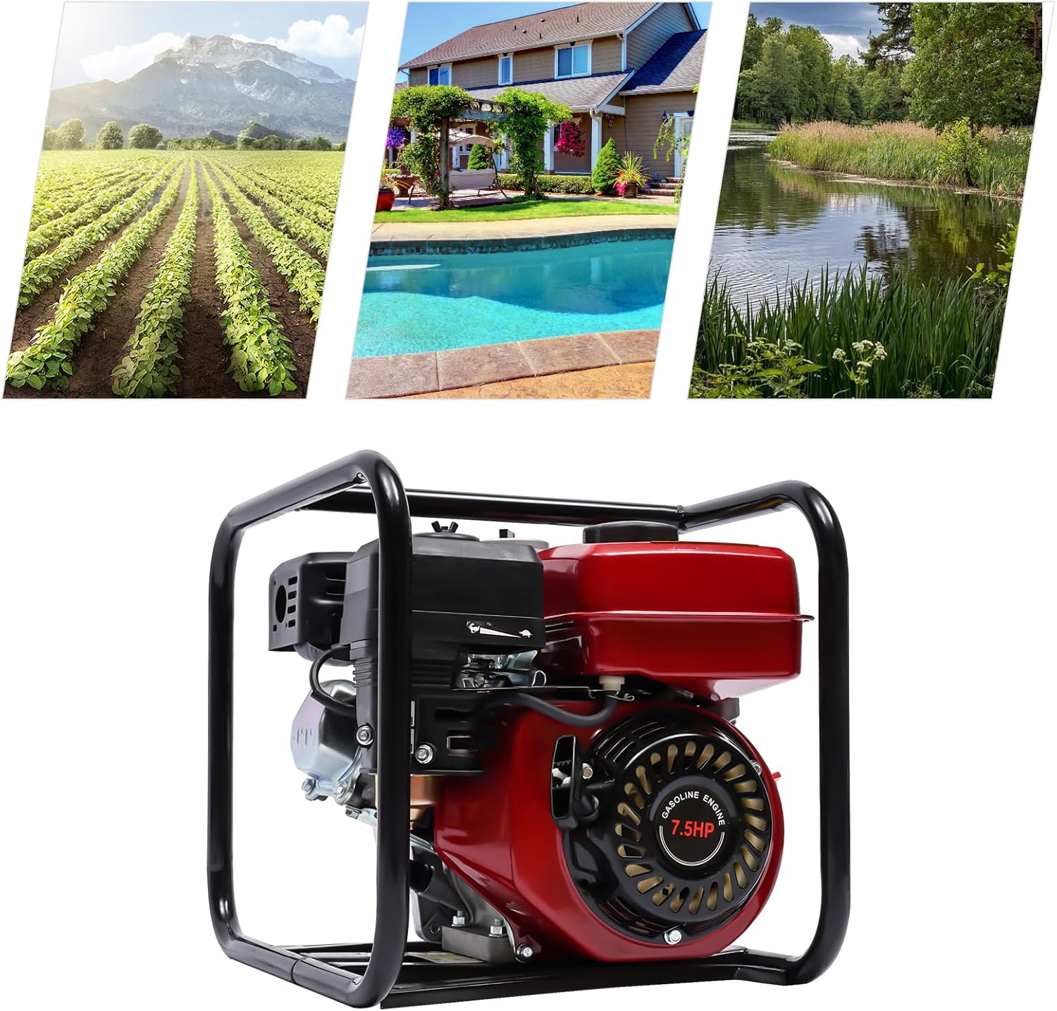 7.5HP 3"Gasoline Powered Water Pump Water Transfer Garden Farm Irrigation Petrol Pump, Portable Engine Intake 60m3/h with Water Filtration Systems