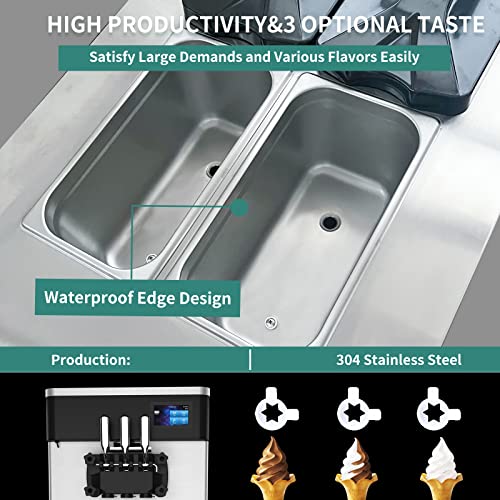 Commercial Ice Cream Maker Machine - 3 Flavors Soft Serve Ice Cream Machine, 5.3 to 7.4 Gallons Per Hour, Auto Clean LED Panel, for Bars, Restaurants and Other Establishments