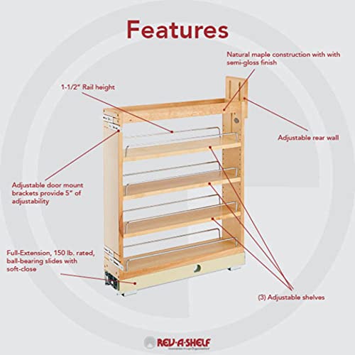 Rev-A-Shelf 8" Pull Out Shelf Organizer for Kitchen and Bathroom Base Cabinets, Wooden Slide Out Spice/Medicine Rack w/Soft-Close, 448-BCBBSC-8C
