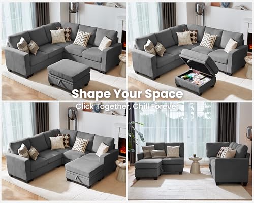 Modular Sectional Couch| Corduroy L Shaped Sleeper Sofa, 10 Seat U-Shape Sofa Bed Convertible Chaise with Storage Ottoman for Living Room Modern Furniture