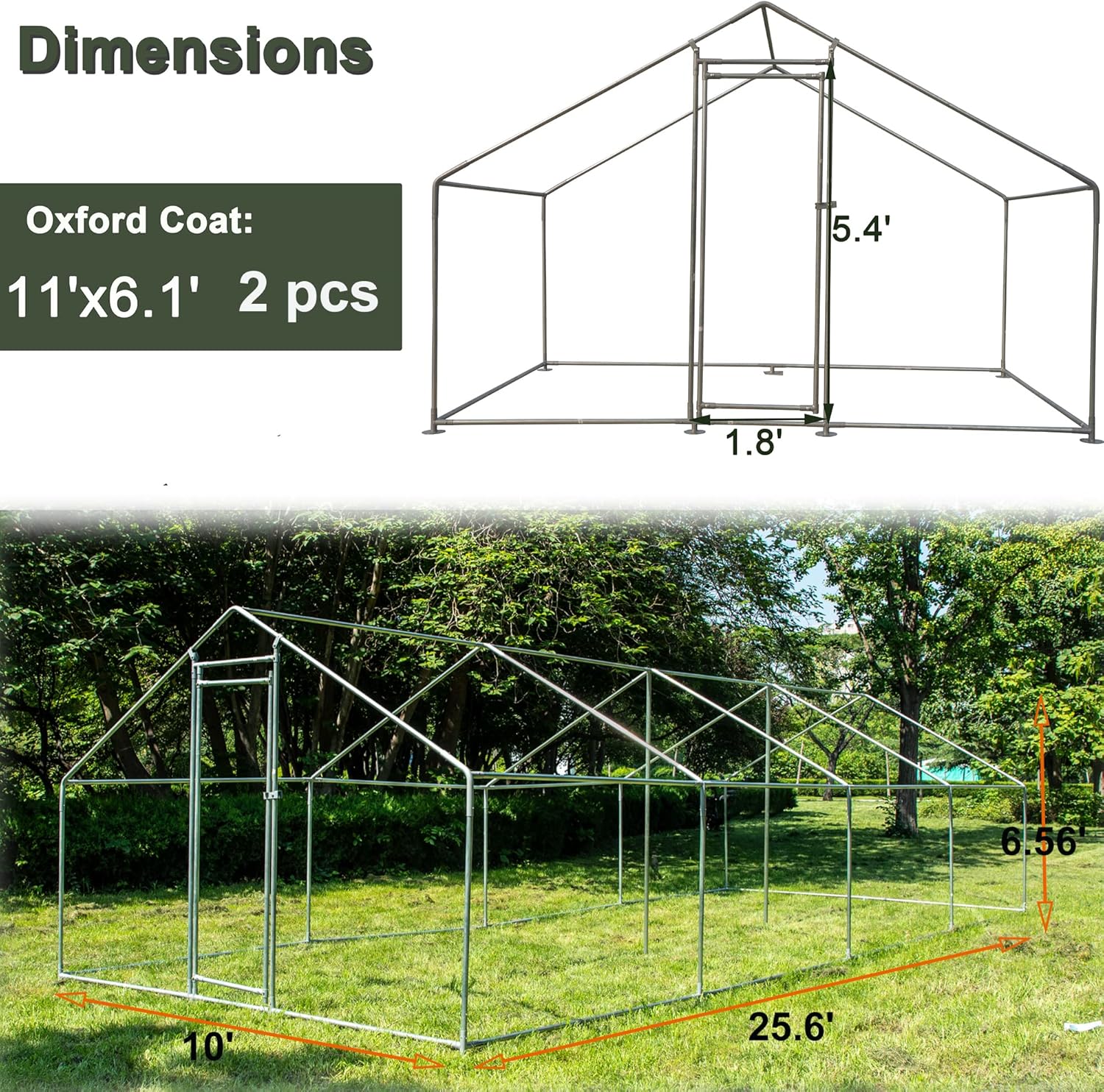 IchbinGo Large Metal Chicken Coop with Waterproof Cover, Walk-in Metal Poultry Cage Spire Shaped Coop, Chicken Run Duck House with Anti-UV Cover for Outdoor Backyard Farm (10' L x 25.5' W x 6.56' H)