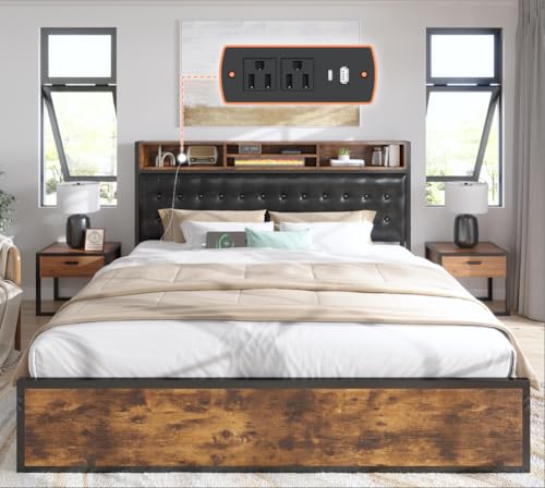 EnHomee Queen Bed Frame with 4 Drawers Bed Frame Queen Size with Headboard Loads 1100LBS Upholstered Queen Size Bed Frame with Charging Station, Queen Bed Frame with Storage, No-Noise