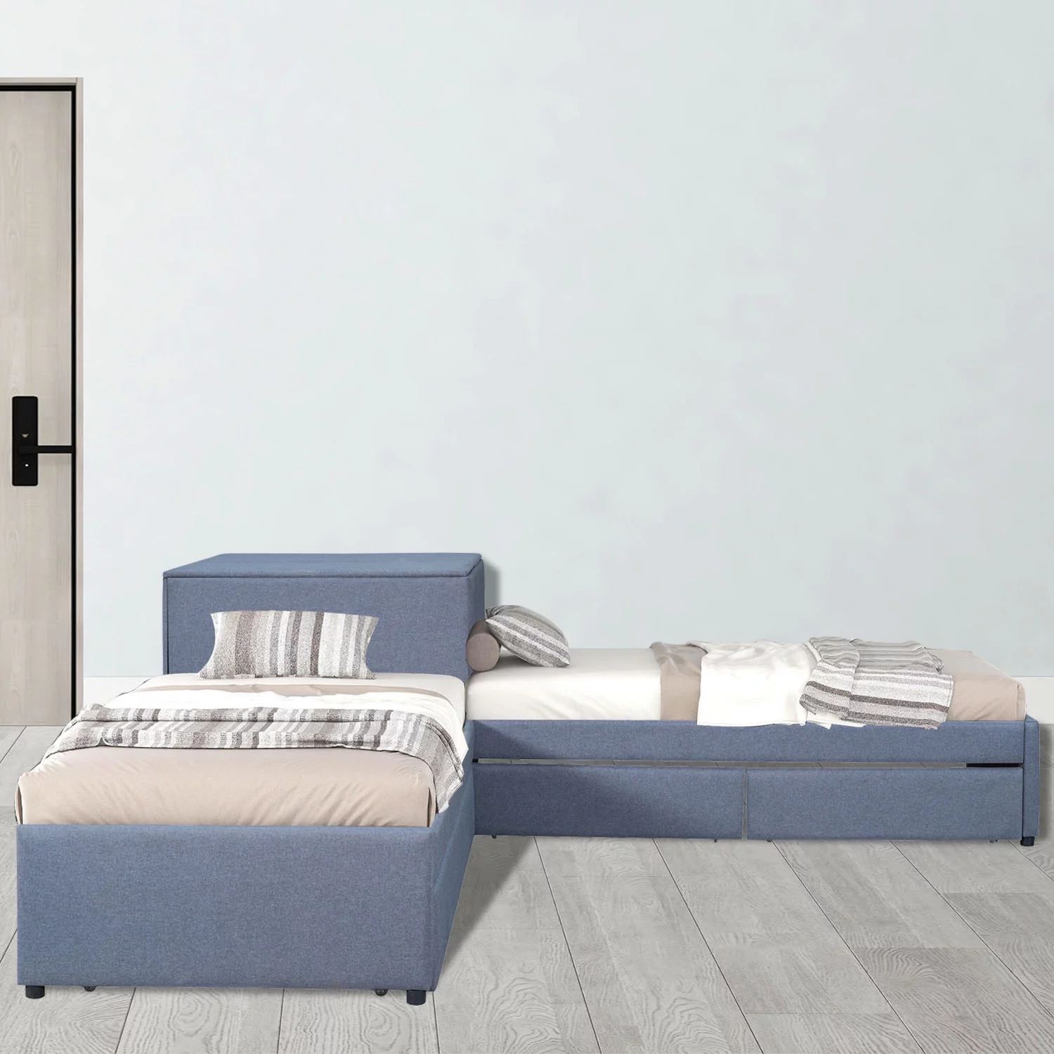 L Shaped Platform Bed with Rollers and Two Drawers Attached Built-in Desk, Double, Grey. Size, 119''L*119''W*37.2''H, suitable for various households