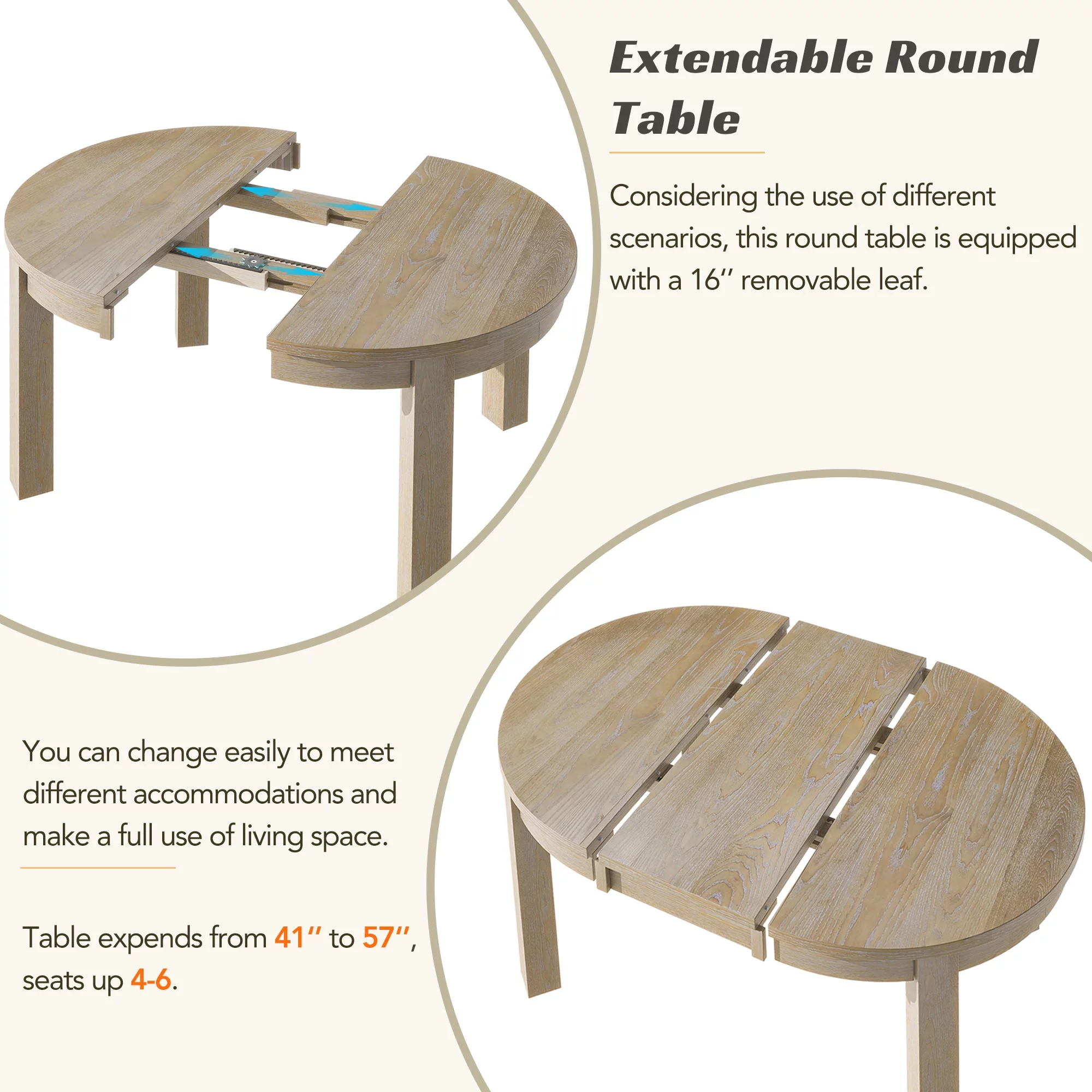 Churanty Round Extendable Dining Table Set Solid Wood Farmhouse 5 Piece Kitchen Dining Set for 4 with Leaf and Drawers,Natural - Curated Treasures Market