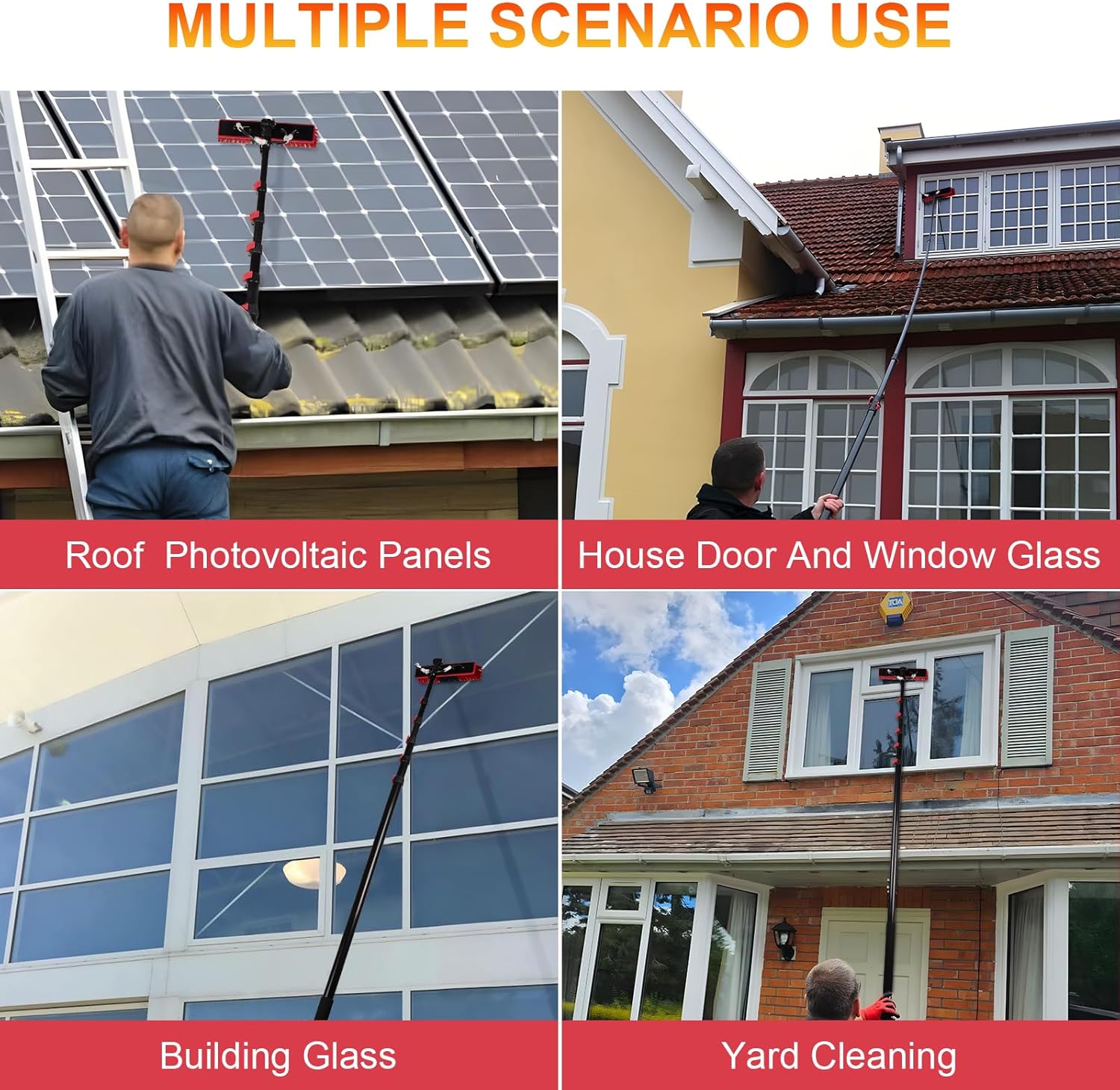 Solar Panel Cleaning Brush with Inline Water Filter System, Water Fed Pole Kit with Telescopic Pole 30 Feet, Window Squeegee Kit for Photovoltaic and Solar Panel Glass Window Roof