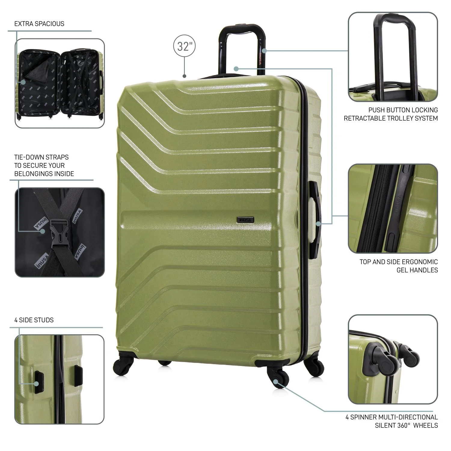 InUSA AURUM 32" Hardside Lightweight Checked Luggage with Spinner Wheels, Handle and Trolley, Green