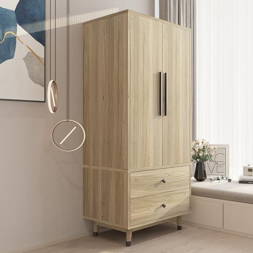 4 Door Armoire Wardrobe Closet Cabinet with 2 Drawers, Wood Bedroom Wardrobe Cabinet with Adjustable Shelves and Hanging Rod, Large Capacity Storage Wardrobe Armoire for Bedroom (Oak 3)