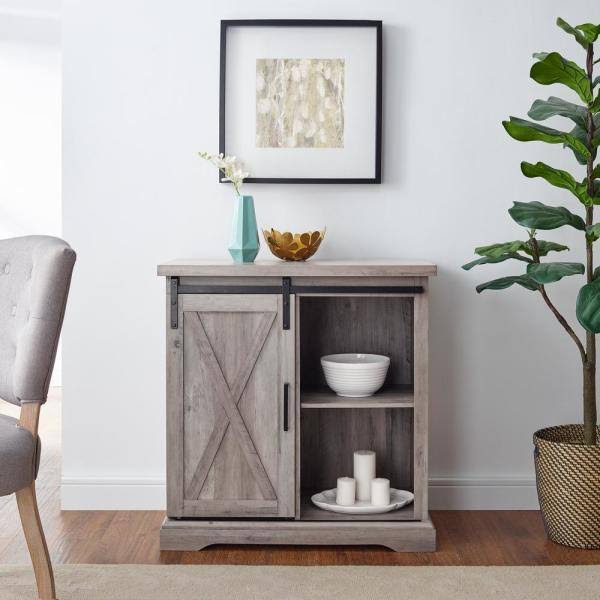 Walker Edison Furniture Company 32 in. Grey Wash Rustic Farmhouse Sliding Barn Door Rustic Accent Cabinet