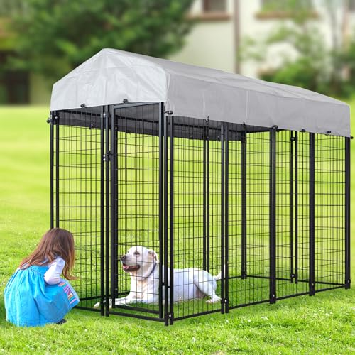 Large Outside Dog Kennel,Outdoor Dog Run Enclosure 8'x4'x6' Dog Pen House with Roof Cover Heavy Duty Welded Wire Steel Dog Playpen Animal Fence Without Feeding Door