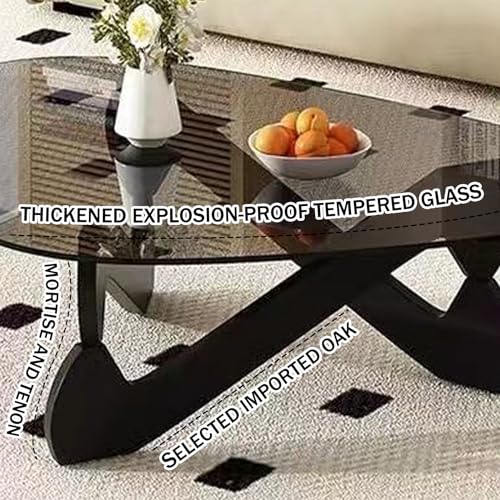 Triangle Coffee Table Glass Coffee Table for Living Room Clear Glass Coffee Table with Solid Wood Base Mid Century Modern Coffee Table for Small Spaces (Black-Transparent, 35.8in)