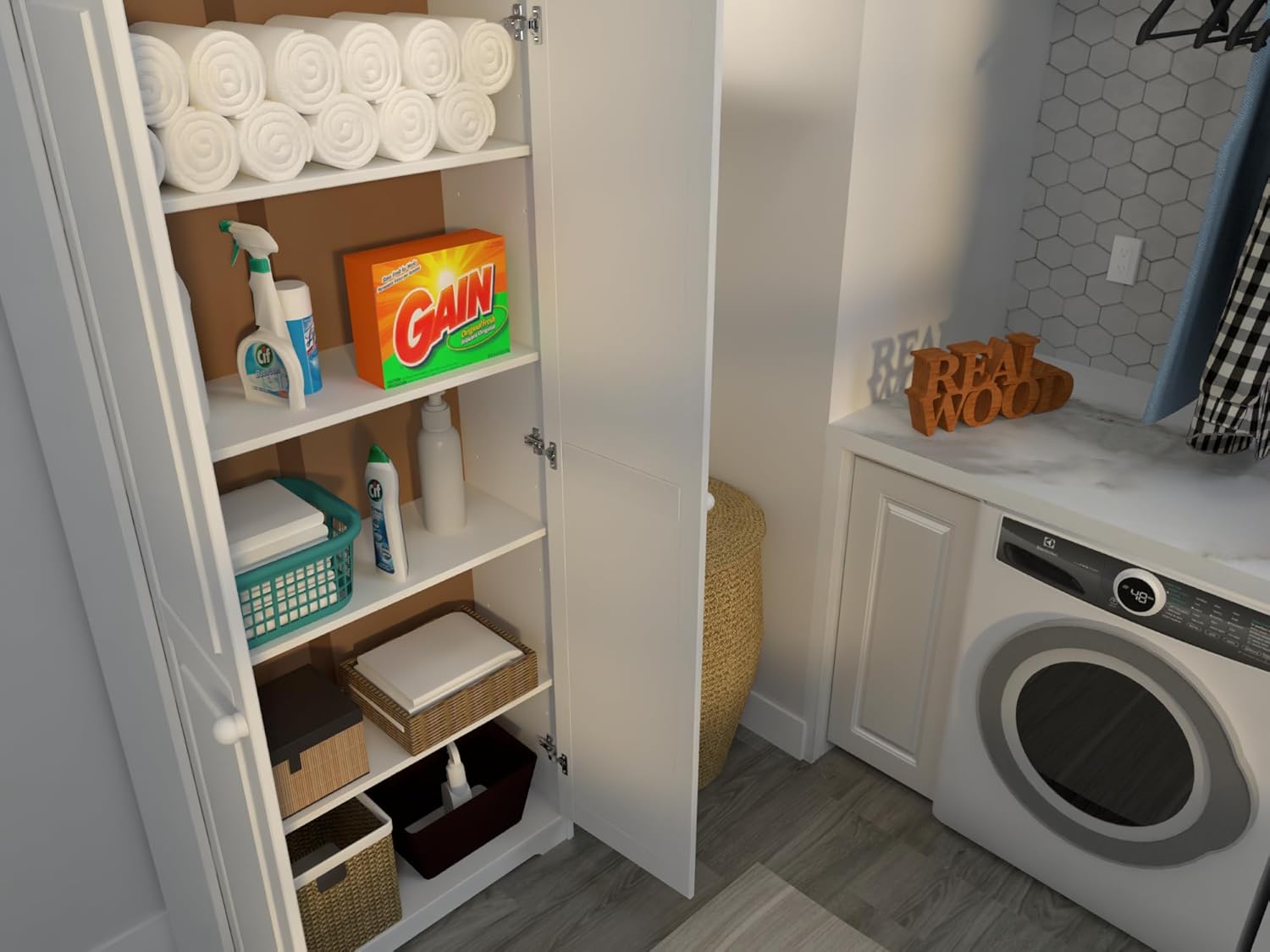 Cabinet Pantry 2 Doors Solid Wood White - Adjustable Shelves Linen Closet & Laundry Offers Ample Organization