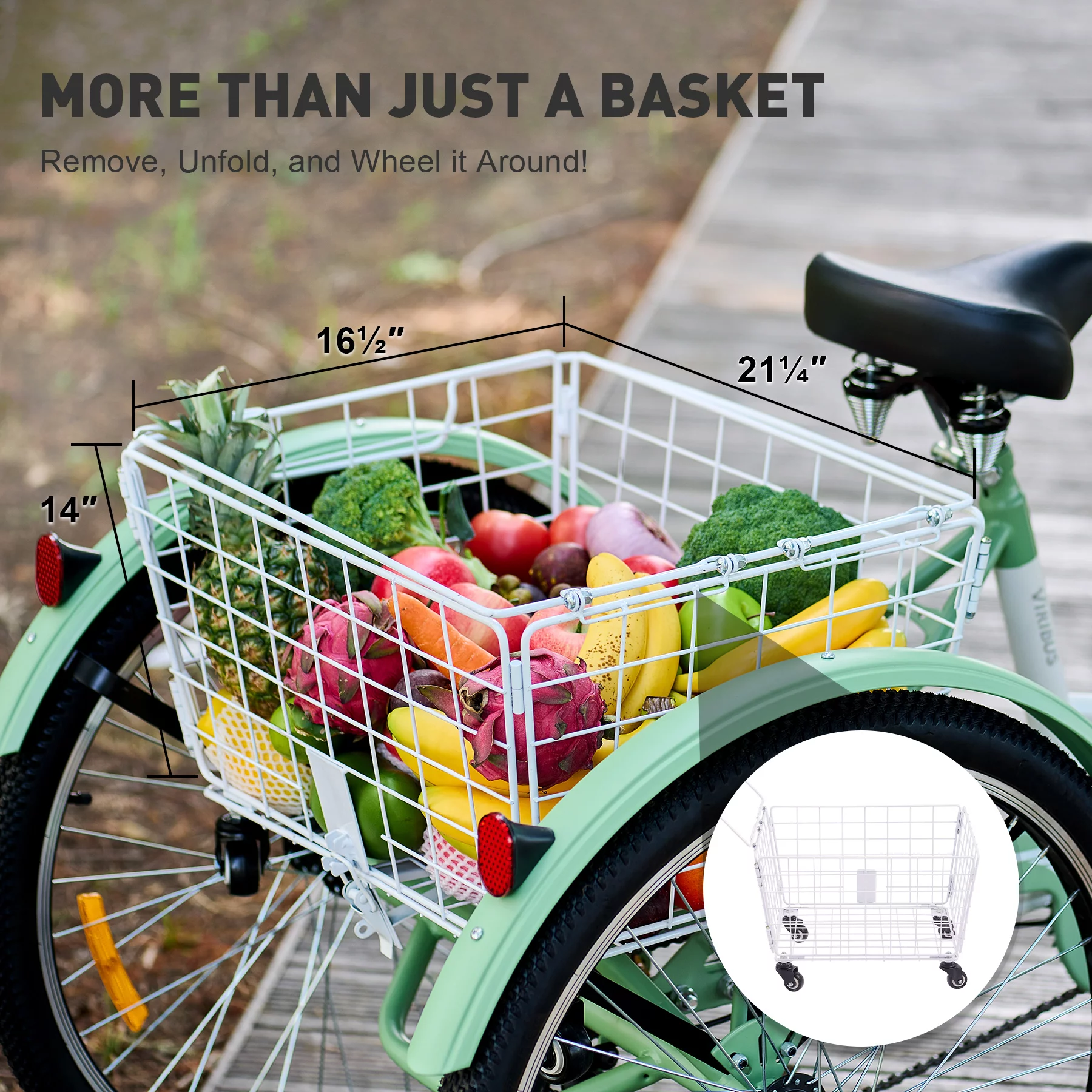 VIRIBUS Tricycle for Adults 26 Inch Bike w 7 Gears Front Rear Basket Mint White