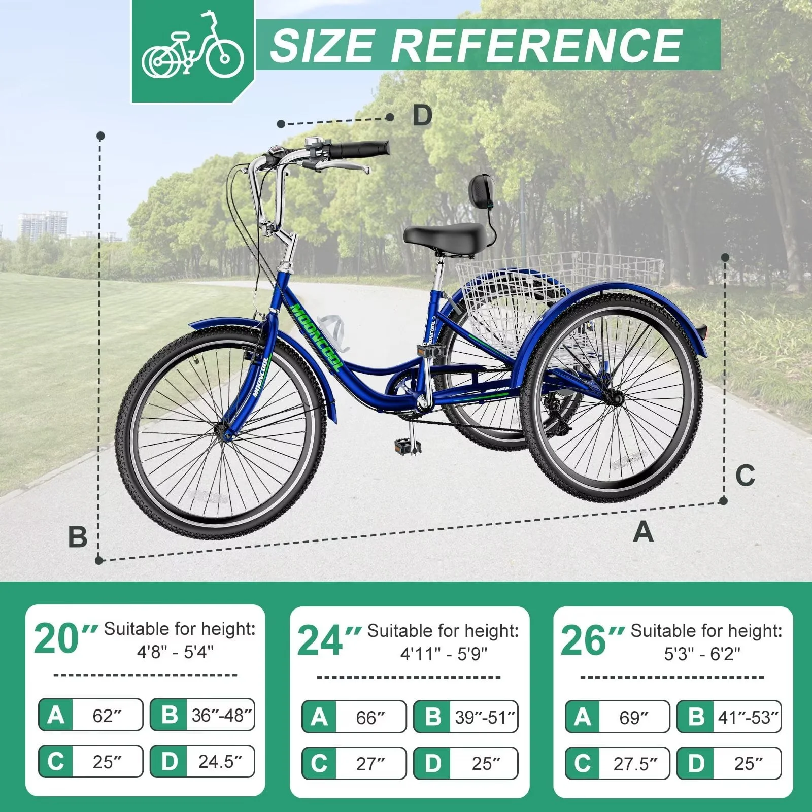 MOPHOTO Adult Tricycle for Seniors,Low Frame Three Wheel Bikes with Large Basket & Bell (Cyan, 26inch /7-Speed), 3 Wheel Cargo Bicycle,Safe and Durable Trike