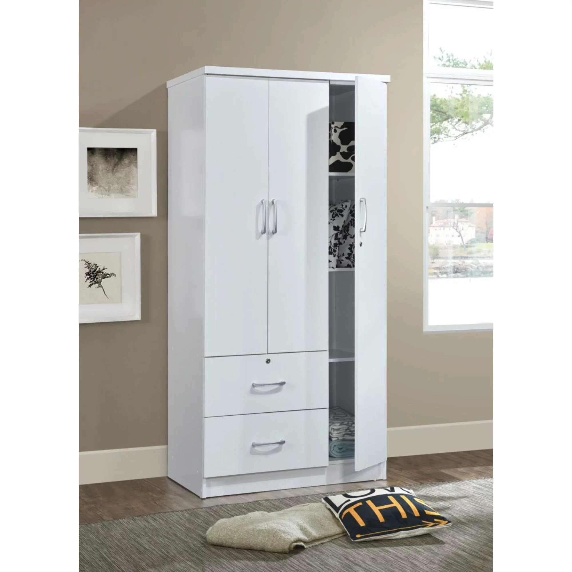 Contemporary Home Living 72" White 2 Drawers and 3 Shelves with 3 Doors Armoire