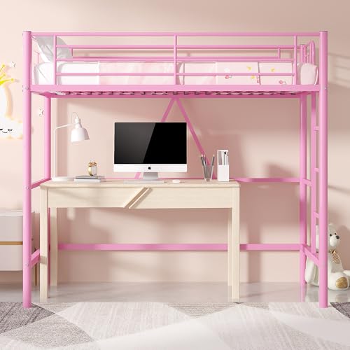 VECELO Metal Loft Bed Twin Size, Heavy Duty Bedframe with Removable Ladder and Safety Guardrail, Space-Saving, Noise Free, No Box Spring Needed, Off White
