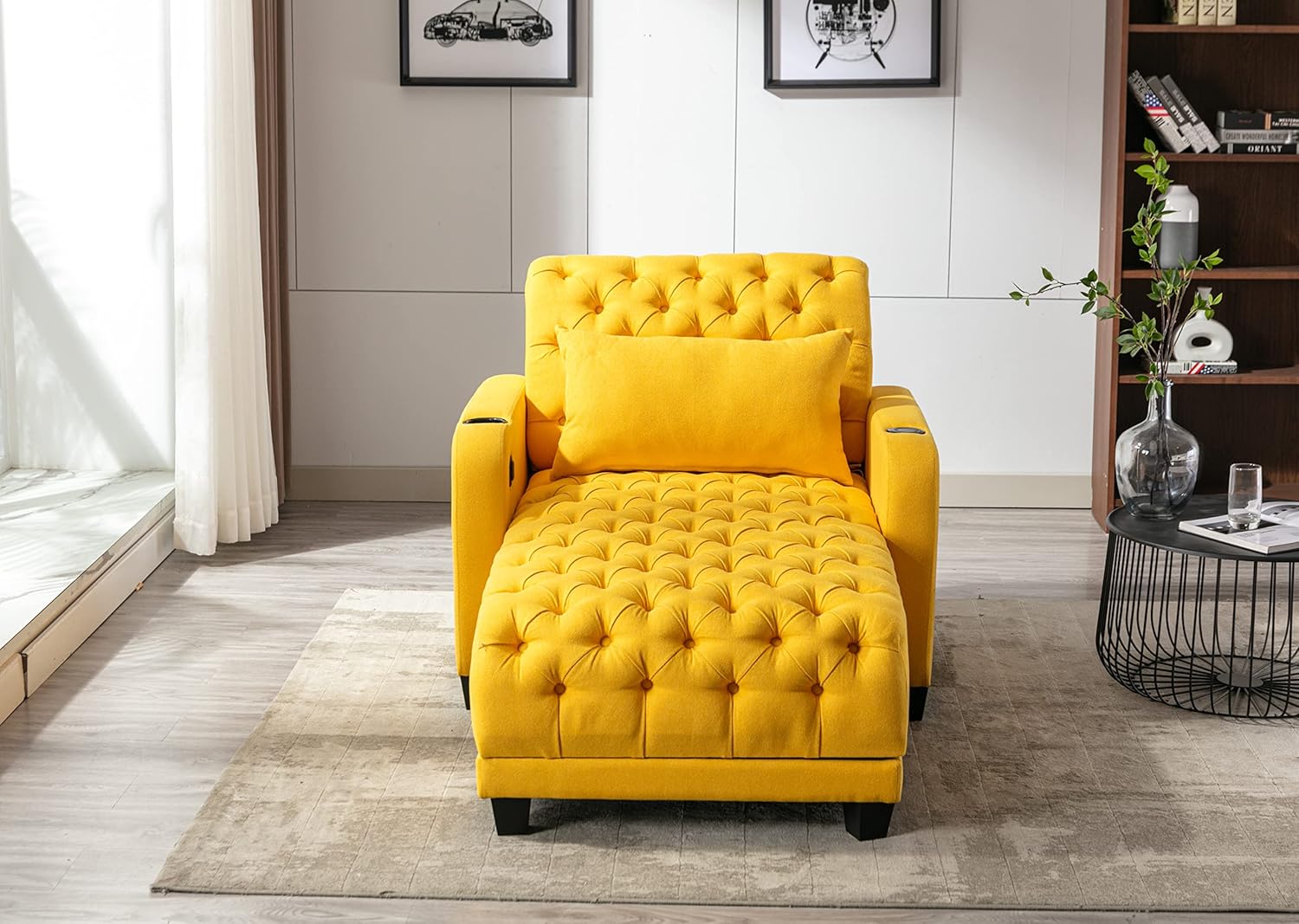 Casual Chaise Lounge Indoor, Button Tufted Upholstered Single Sofa Bed with Pillow, Adjustable Backrest Sleeper Couch Recliner Chair for Bedroom, Living Room, Apartment, Yellow