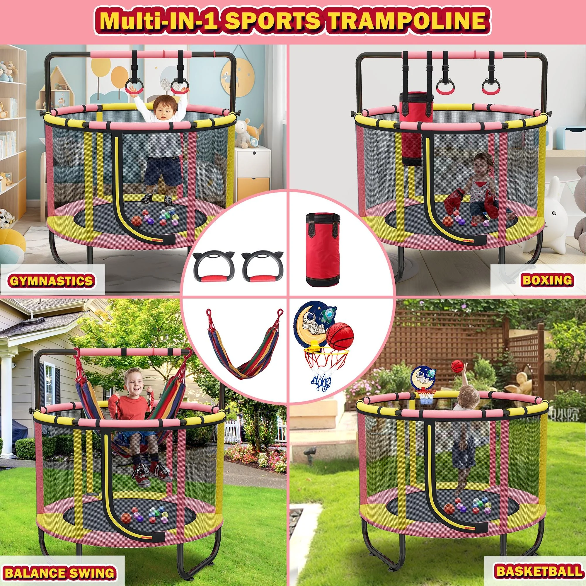 55'' Mini Trampoline for Kids, Small Toddler Trampoline with Enclosure, Indoor Outdoor Trampoline with Basketball Hoop, Adjustable Bar and Rings, Swing and Boxing Bag