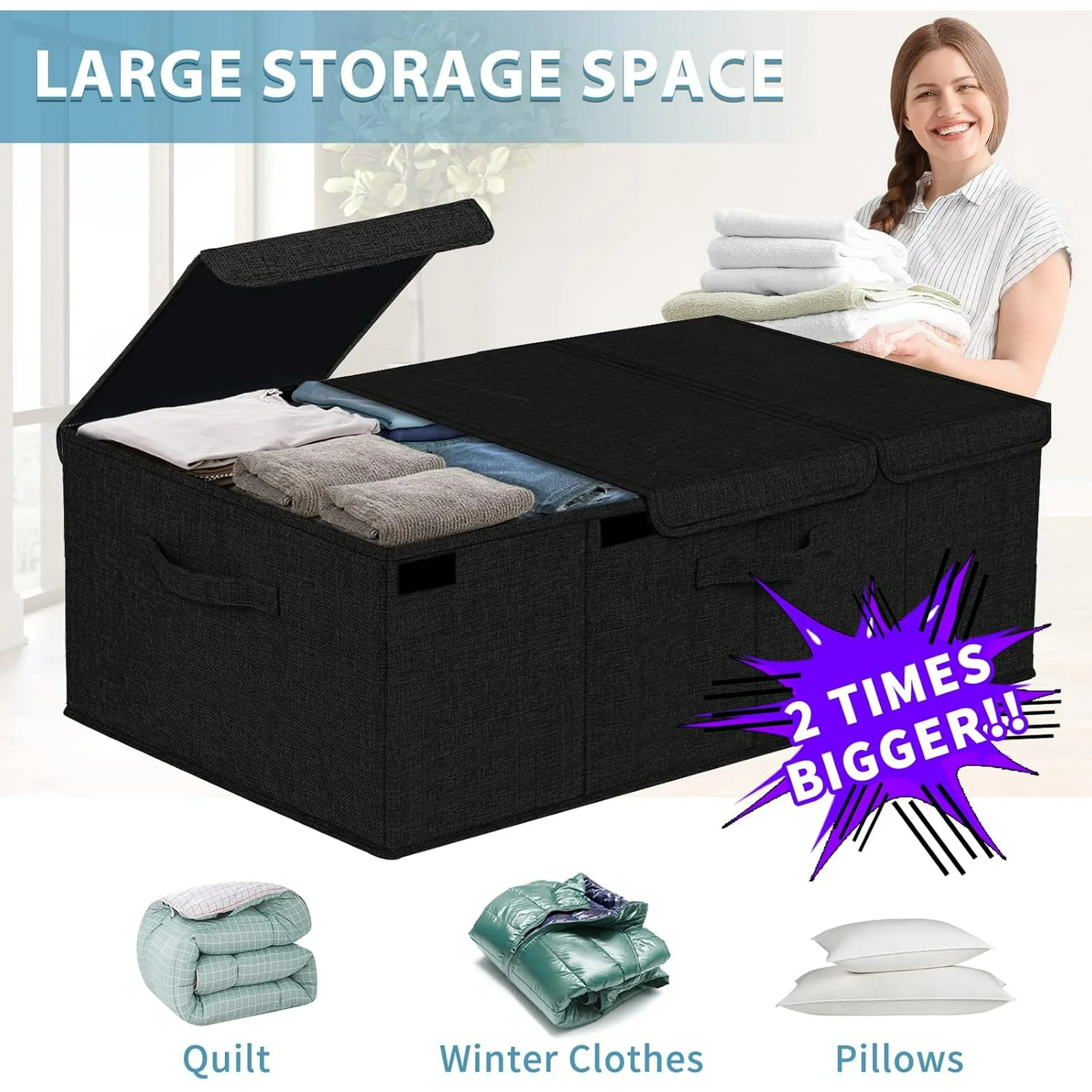 Deep Under Bed Storage Container, 10 Tall Height Underbed Box Bin with Lids 31 Long Large Basket for Under Bed, Bedroom, Dorms, Clothes, Bed sheets, Blankets, 2 Pack, Black