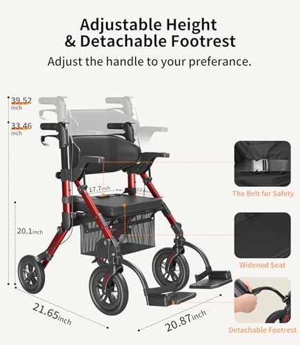 Walkers for Seniors, Rollator Walker with Seat, Transport Wheelchair Lightweight Foldable, Adult Rolling Walker, Rollator Transport Chair with Brakes, 2 in 1 Walker Wheelchair Combo Z51-2024 New