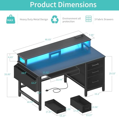 Lufeiya Computer Desk with File Drawers Cabinet, 47 Inch Home Office Desks with Keyboard Tray, Gaming Desk with LED Lights and Power Outlets, Writing Table PC Desks with Monitor Stand, Rustic Brown