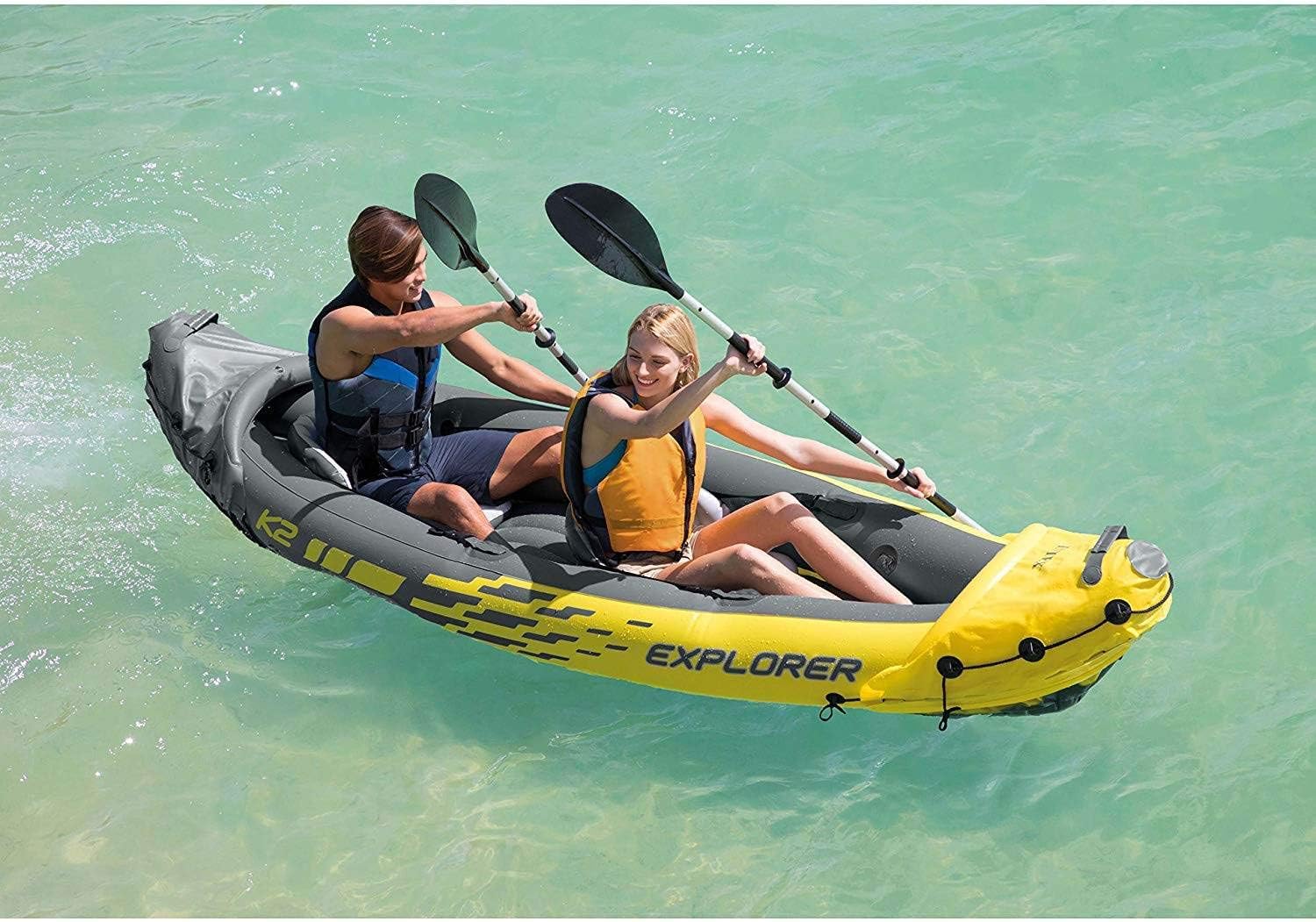 Intex Explorer K2 2-Person Inflatable Kayak with 2 Aluminum Oars and Pump and Challenger K1 1-Person Inflatable Kayak with 1 Oar, Hand Pump and Skeg