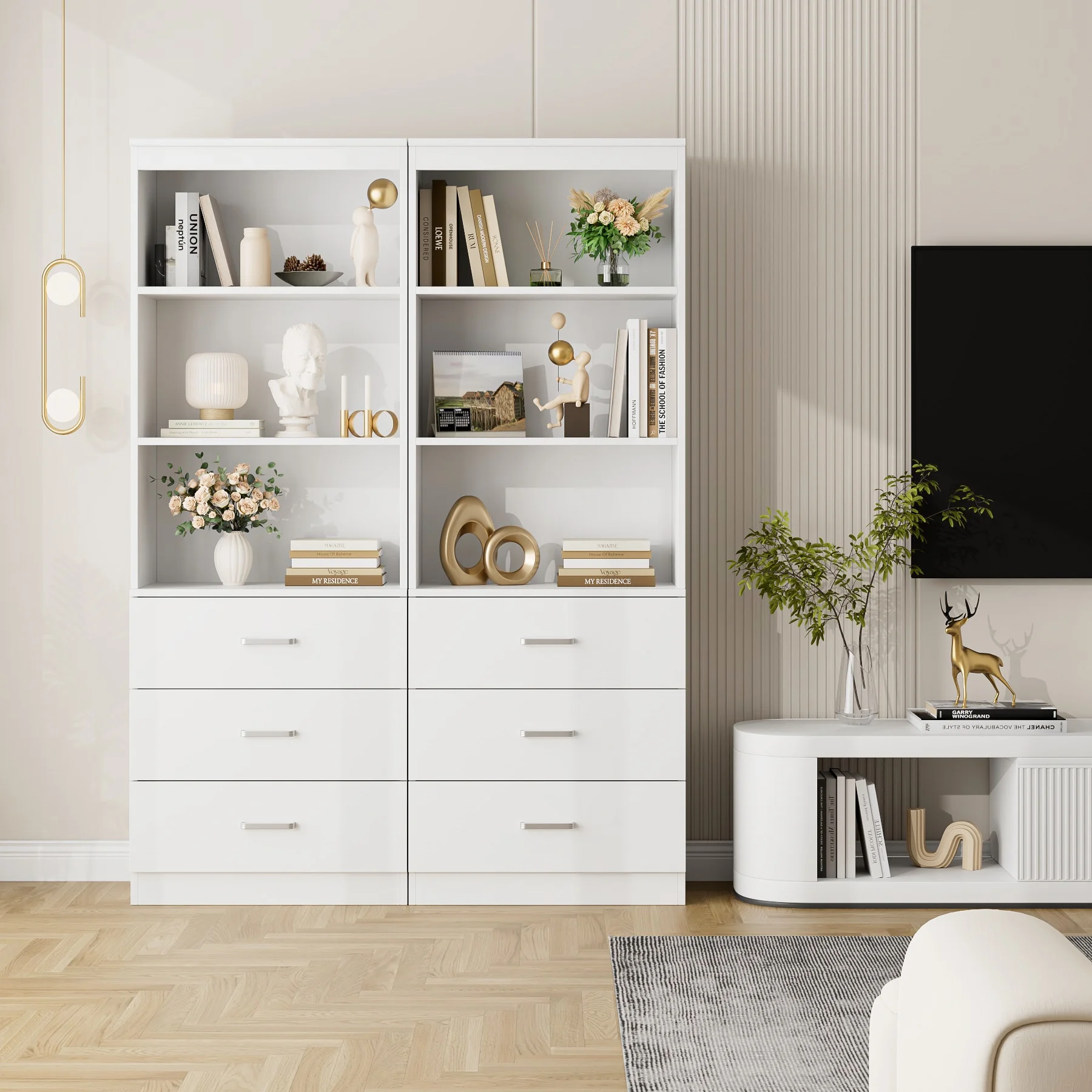 Homfa 71" Tall Bookcases with 3 Large Drawers, 3 Tier Wooden Storage Bookshelf for Living Room Home Office, White - Curated Treasures Market