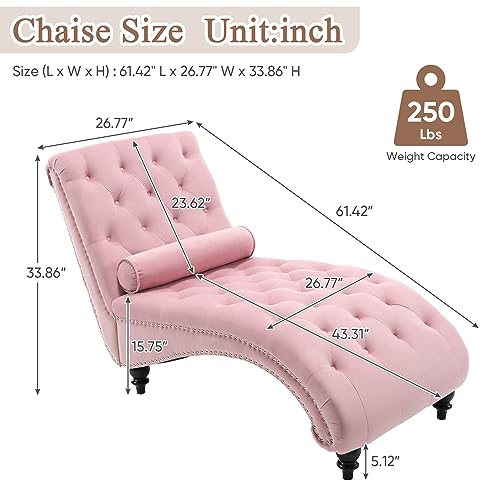 Chaise Lounge Chair Indoor, Modern Button Tufted Velvet Upholstered Leisure Accent Chair with Solid Wood Legs & Lumbar Pillow, Recliner Sofa Single Sleeper Sofa for Living Room, Bedroom, Pink