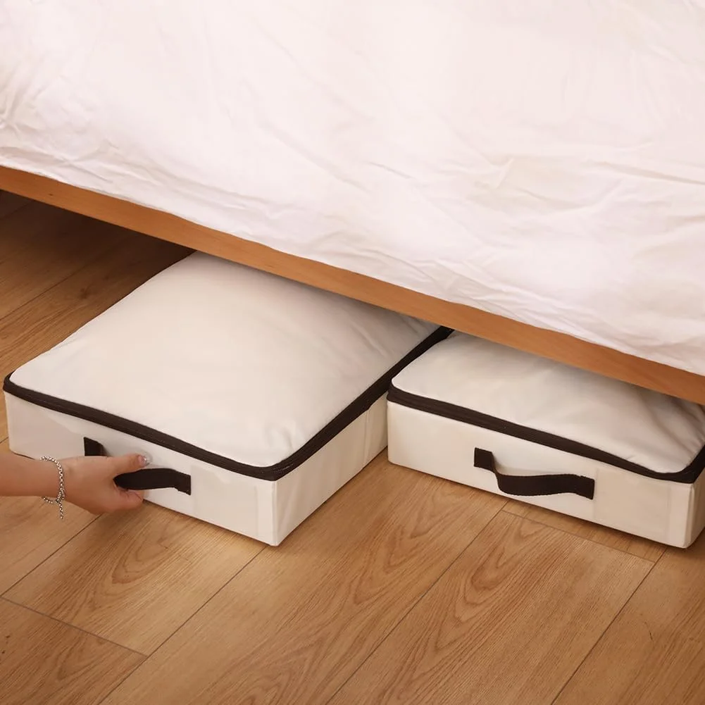 3 Pack 4inch Underbed Storage Bins, Under Bed Storage Containers with Zippers for Blanket, Pillows, Comforters &amp; Quilts, Beige
