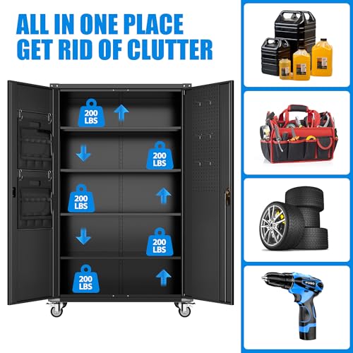 Aobabo Garage Storage Cabinet with Wheels,72" H Metal Storage Cabinet with 2 Doors and 4 Adjustable Shelves for Garage Home, Black,Required-Assembly
