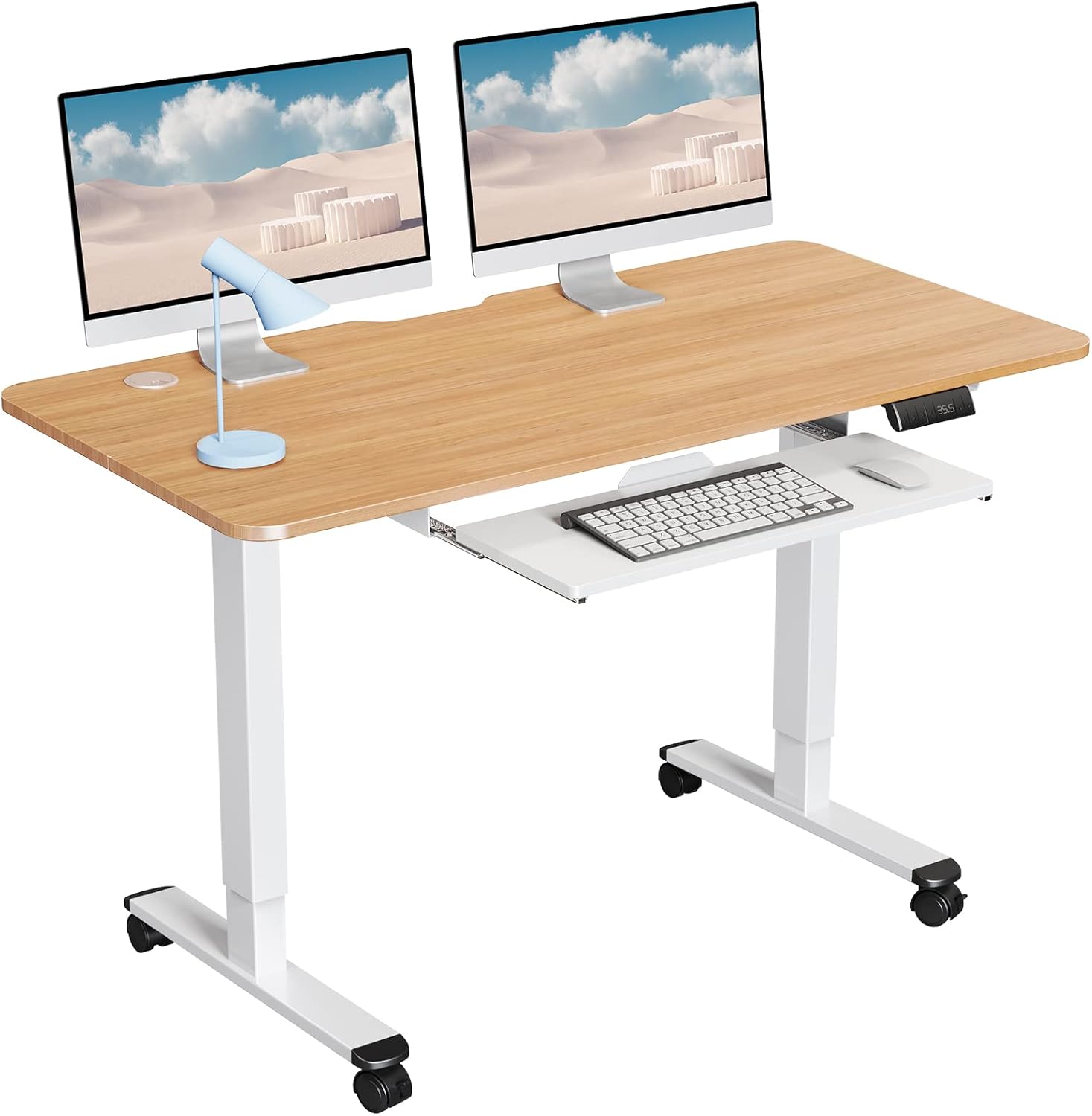 WOKA Electric Standing Desk Adjustable Height, 48 x 24 Inches Stand up Desk with Keyboard Tray, Sit Stand Desk with Memory Controller for Home Office, Motorized Desk with Splice Board, Black