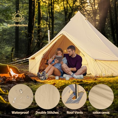 Cotton Canvas Bell Tent, Waterproof Large Tents with Sturdy Center & Door Pole and Space for 4/6/8 Person All 4 Season Camping Yurt Tent