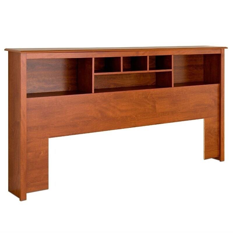 King Size Bookcase Headboard with Adjustable Shelf in Cherry Finish - Brown