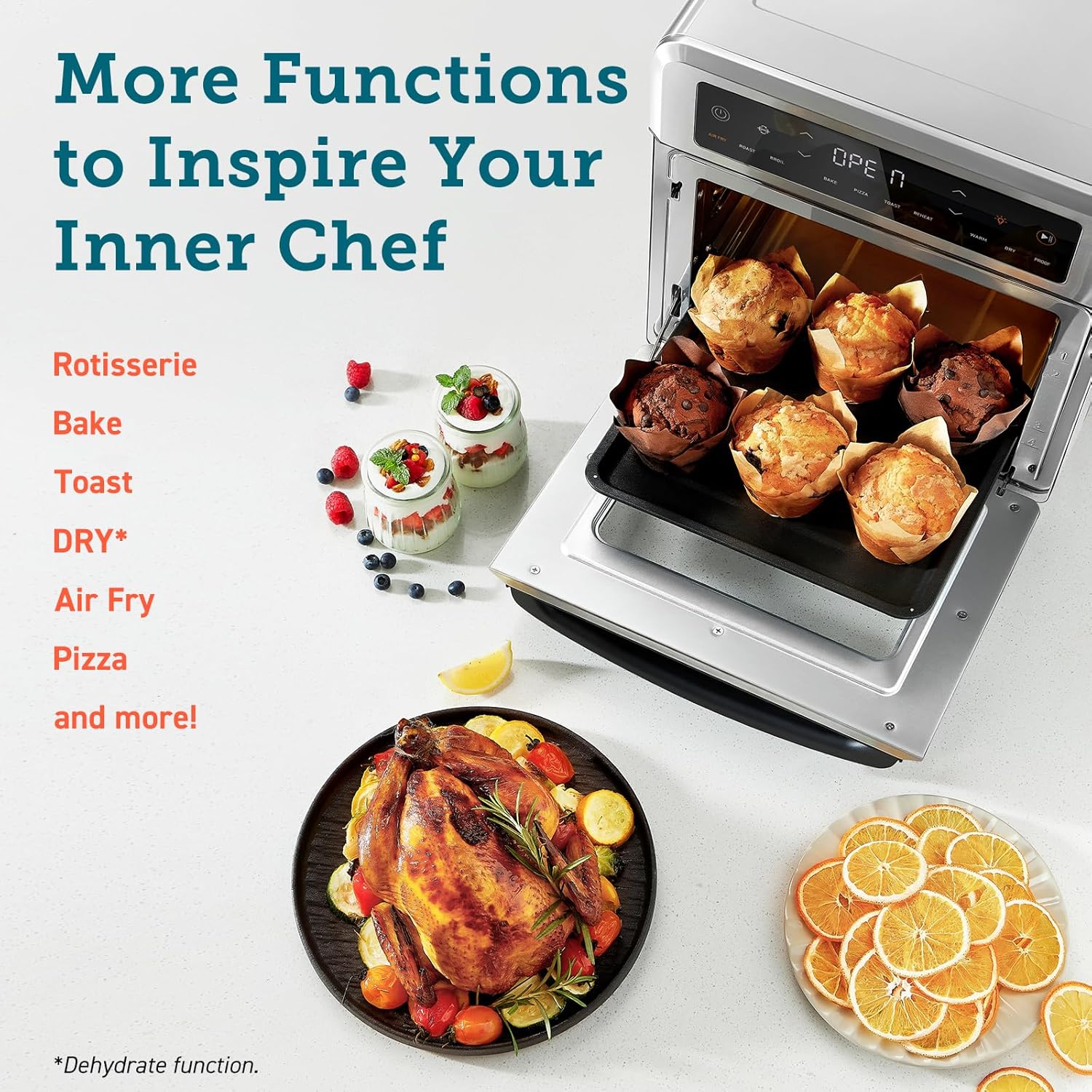 COSORI Air Fryer Toaster Oven, 13 Qt Fits 4 lbs Chicken, 11-in-1 Functions for Small Kitchen Countertop, with Rotisserie, Dehydrate, Bake, Roast, Reheat, In APP Recipes & 6 Accessories, Silver