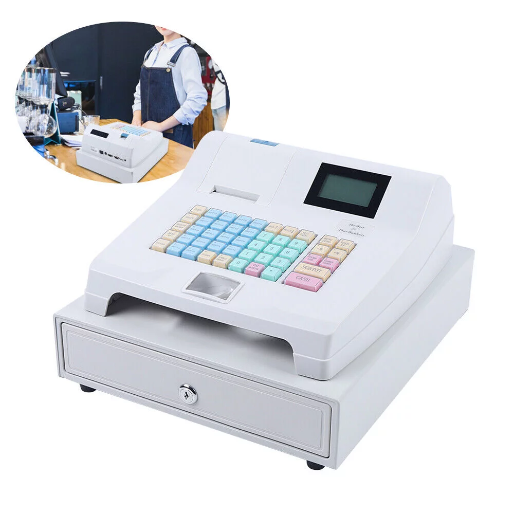 ZhdnBhnos Commercial Electronic Cash Register 48 Keys POS System Casher Digital LED Display W/ Drawer For Supermarket Restaurant Bar Shop Store Retail